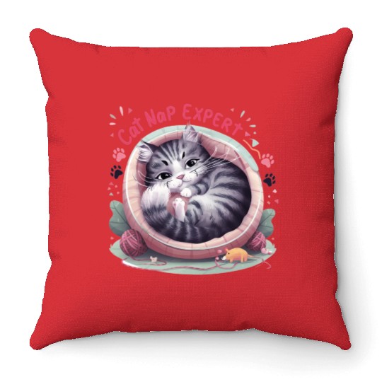 Cat Nap Expert - Funny Cat Outfit! Throw Pillows