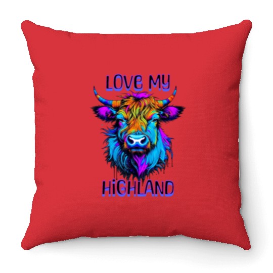I Love My Highland | Psychedelic Cow Art Throw Pillows