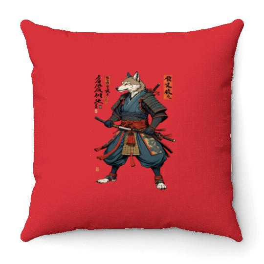 Samurai wolf Throw Pillows