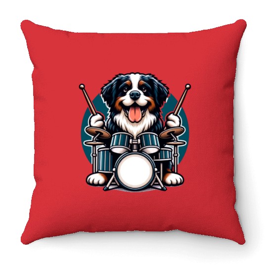 Cool Bernese Mountain Dog Drummer Design Throw Pillows