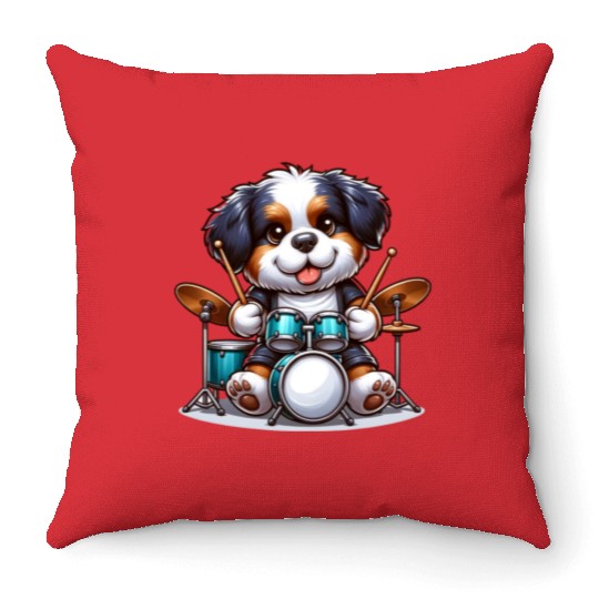 Cool Bernese Mountain Dog Drummer Design Throw Pillows