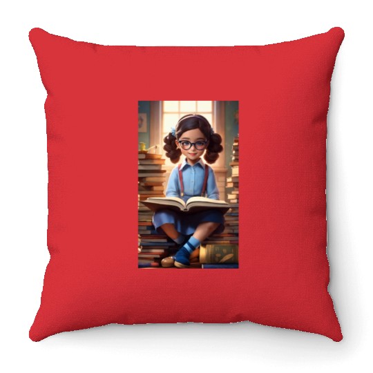 A sweet 5 year old girl wearing a light blue butto Throw Pillows