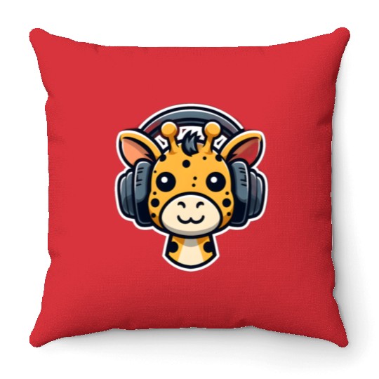 Cute Cub Giraffe Wearing Headphones Throw Pillows