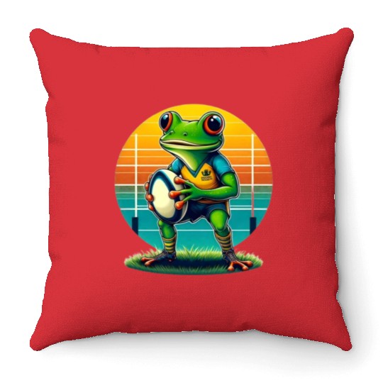 Funky Frog Playing Rugby Throw Pillows
