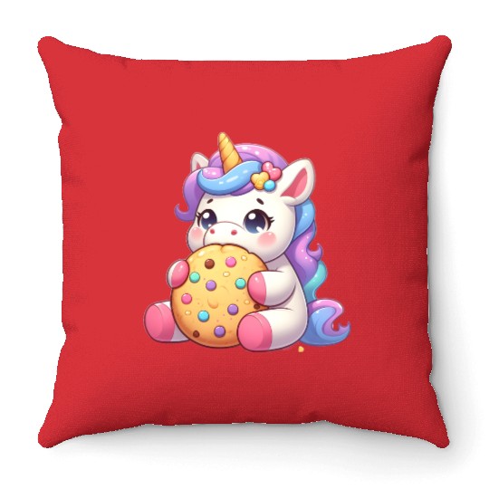 Unicorn Enjoying a Cookie Throw Pillows