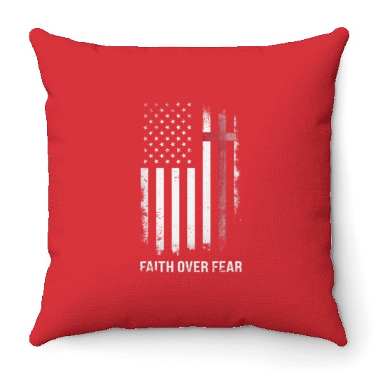 US USA Flag American Faith Over Fear Cross Throw Pillows