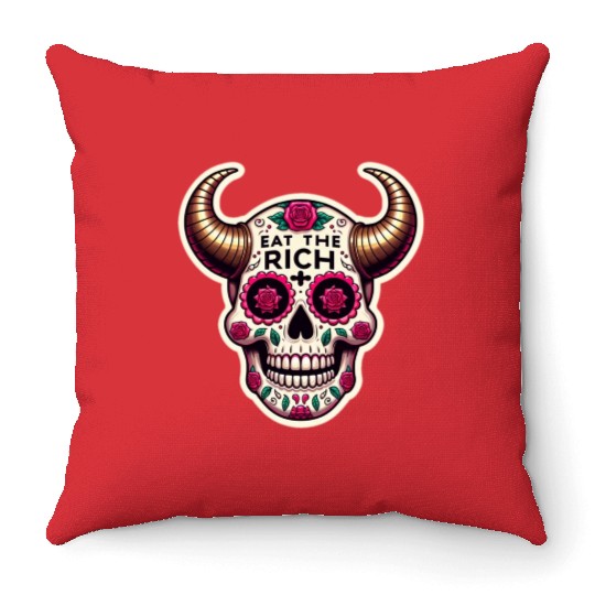 Horned Sugar Skull, eat the rich skull Throw Pillows