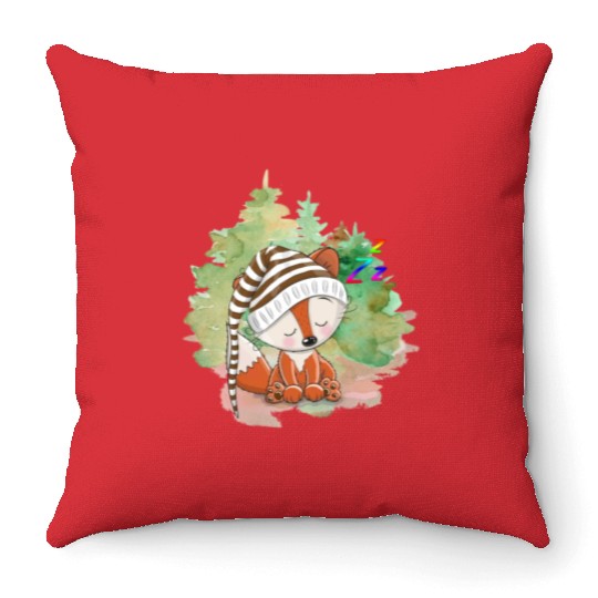 Pilot Fox Sitting On Grass With Tree Forest Throw Pillows