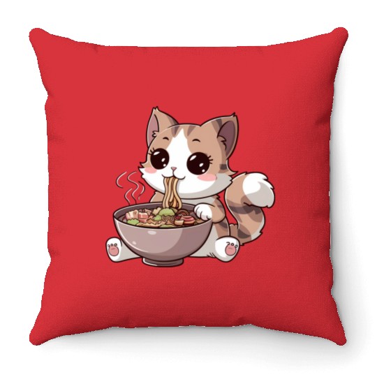 Kawaii Cat Eating Ramen Throw Pillows