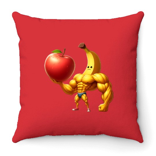 Muscular banana lifts huge apple Throw Pillows