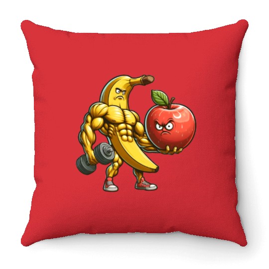 Muscular banana lifts huge apple Throw Pillows