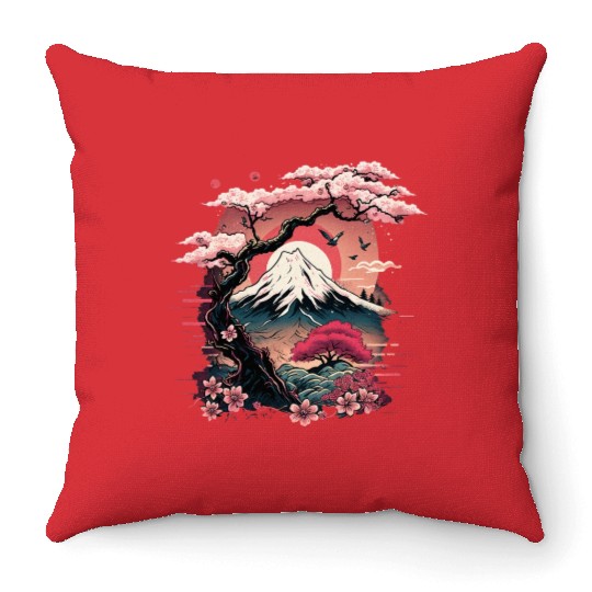 Japanese Sakura Garden Geisha Mount Fuji Cherry Throw Pillows