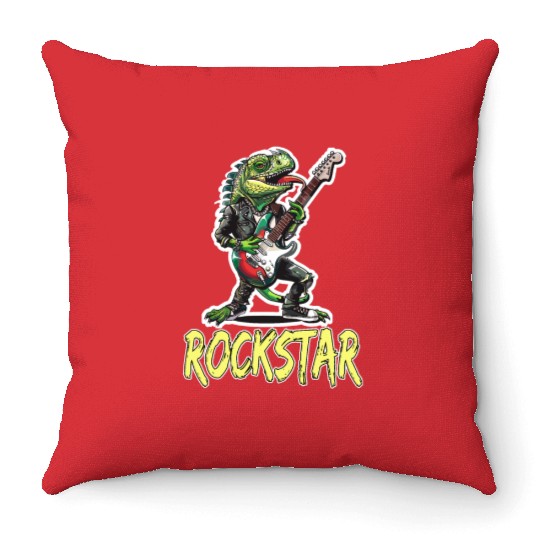 Rockstar Reptile Musician with Electric Guitar Throw Pillows