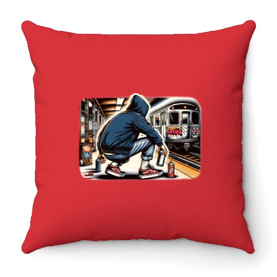 AI Teen in Subway Layup Underground- Masked Border Throw Pillows