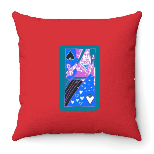 Teal Queen Of Spades Modern Art Playing Card Throw Pillows