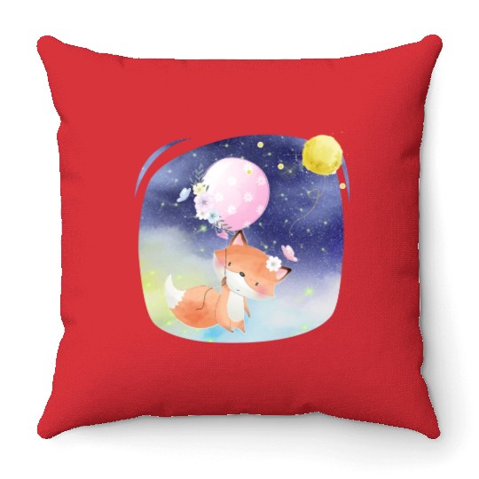 Funny Happy Fox Flying to Sky Using Balloon Throw Pillows
