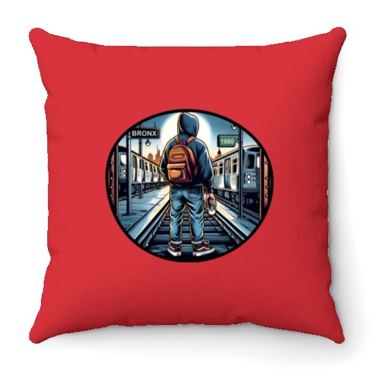 AI Teen in Outdoor Subway Yard - Circle Border Throw Pillows