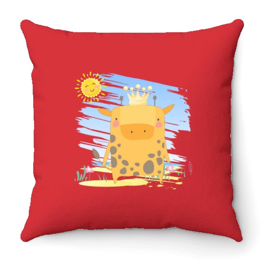 Kawaii King Giraffe Using Crown Adorable Cartoon Throw Pillows