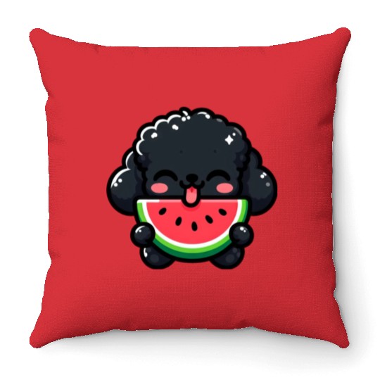 Summery Poodle with Watermelon Throw Pillows