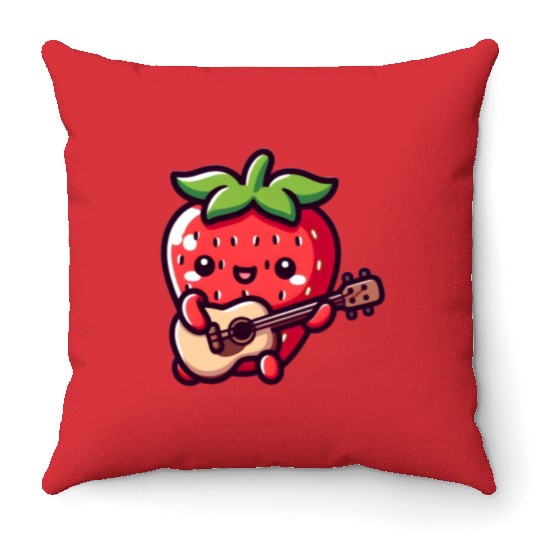 cute strawberry with guitar Throw Pillows