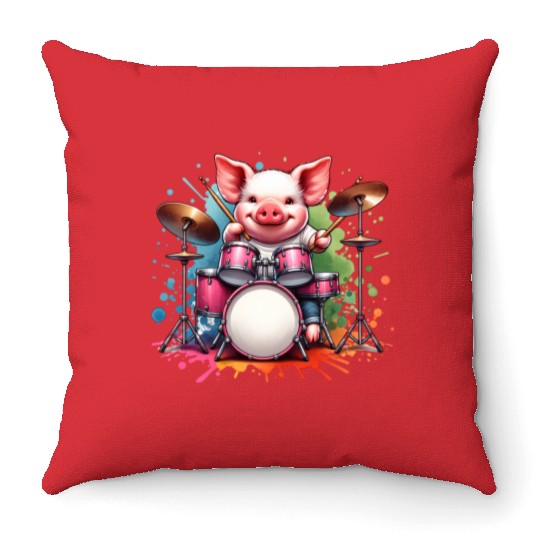 Watercolor Pig Drummer Farm Design Throw Pillows