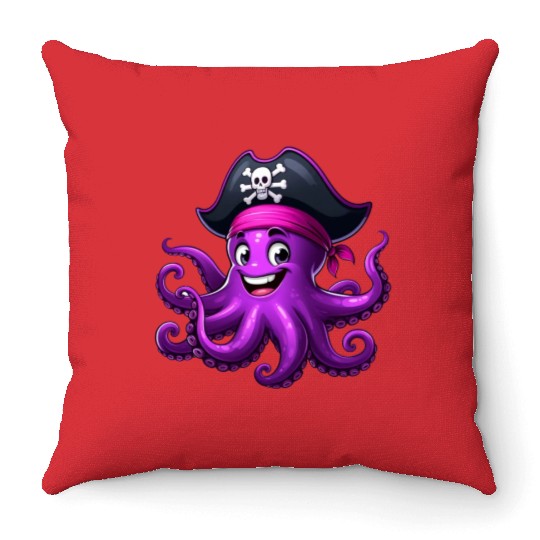 Funny pirate octopus Throw Pillows