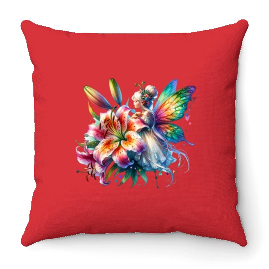 Tiger Lily Fairy Floral Fantasy Watercolor Throw Pillows