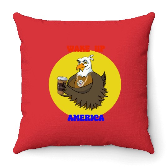 Wake Up America - Bald Eagle Drinking Coffee Throw Pillows