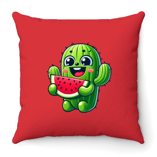 Cute Cactus Comic With Watermelon Fruity Throw Pillows