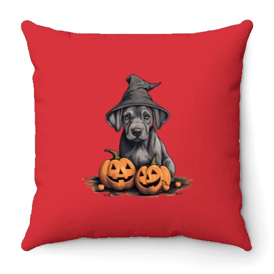 Halloween Witch Hat Pumpkin Dog Great Dane Throw Pillows