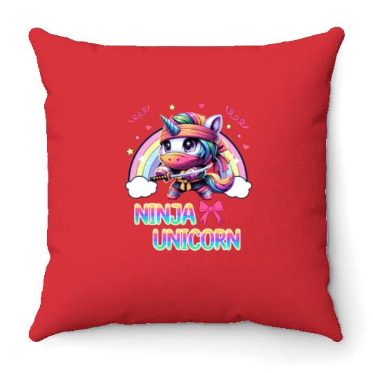 Ninja Unicorn Cute Rainbow Unicorn Fighter Throw Pillows