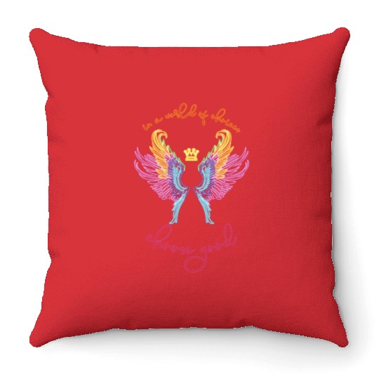 Neon angel wings with a crown Throw Pillows
