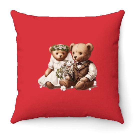 Vintage wedding: teddy bear bride and groom Throw Pillows