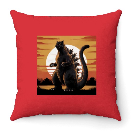 Catzilla Cat Japanese Art Funny Cat Gifts Throw Pillows