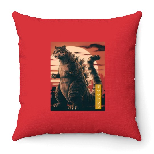 Funny Cute Cat Art Japanese Sunset Retro Catzilla Throw Pillows