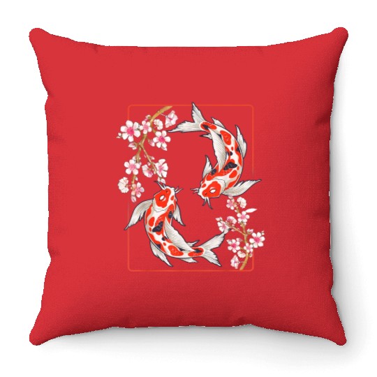 Japanese Koi Carp Fish Cherry Blossom Throw Pillows