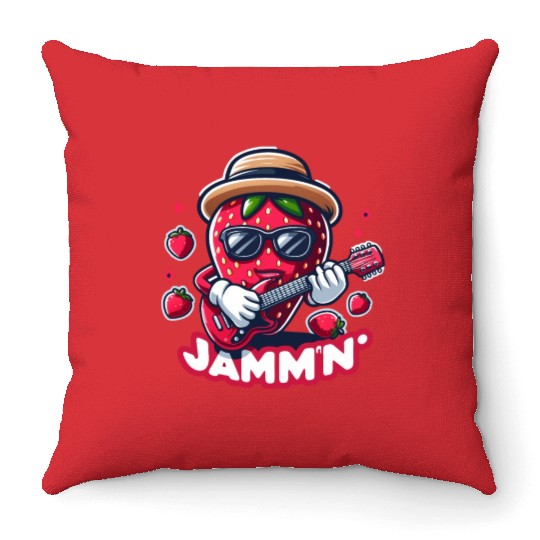Jammin Strawberry Jam Playing a Guitar Rock n Roll Throw Pillows