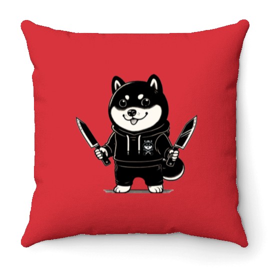 Hand-Drawn Style Shiba Inu with Knives Throw Pillows