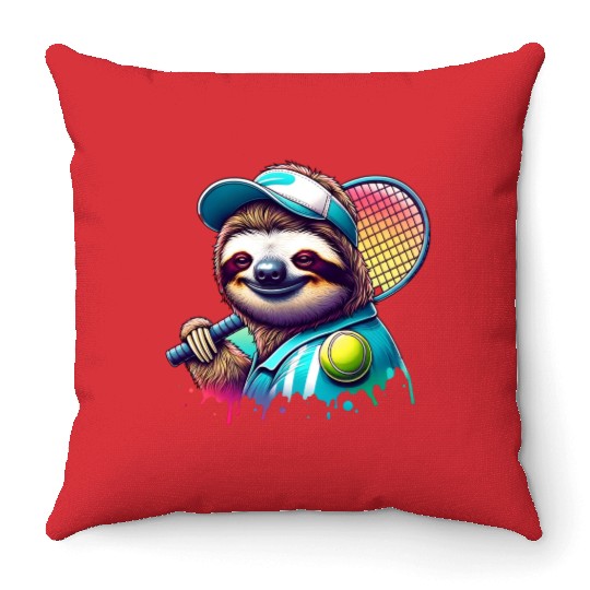 Sloth Tennis Player Court Match Design Throw Pillows