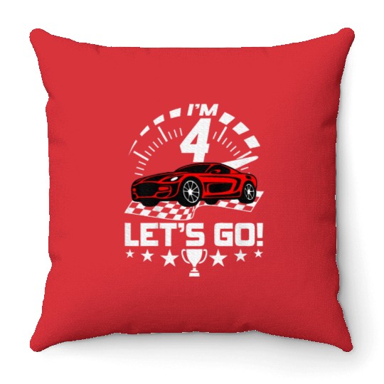 Kids 4th Birthday Boy 4 Fourth Race Car Birthday Throw Pillows