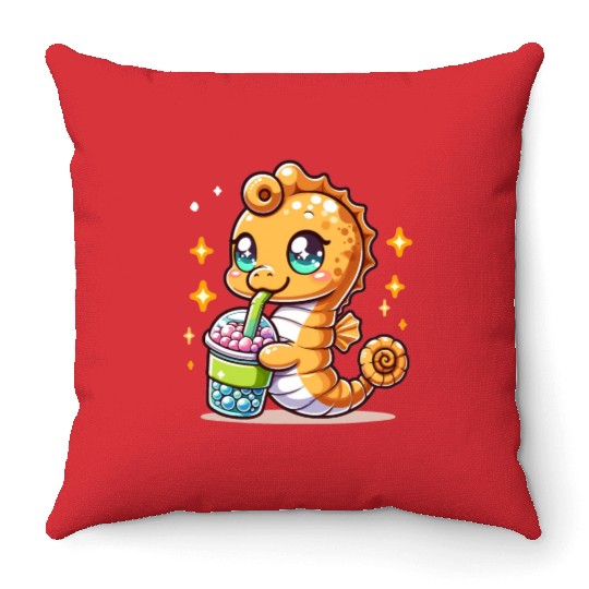Kawaii Sea Horse Enjoys Bubble Tea Sea Animal Boba Throw Pillows