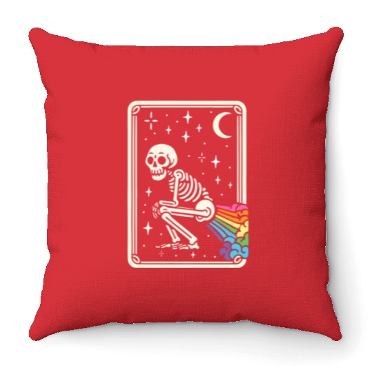 Tarot Card Skeleton Farting Rainbows LGBTQ Throw Pillows