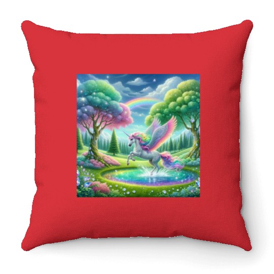 Enchanted Rainbow Unicorn Over Sparkling Pond Throw Pillows