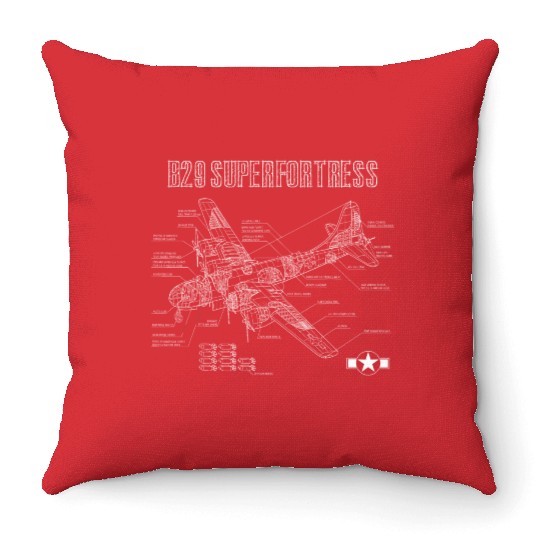 World War 2 Aircraft Blueprint WWII B29 Throw Pillows