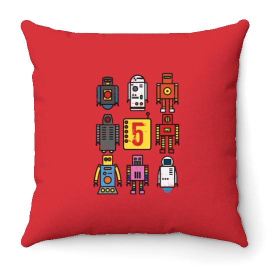 Robot 5th Birthday - Retro Robotics with number Throw Pillows