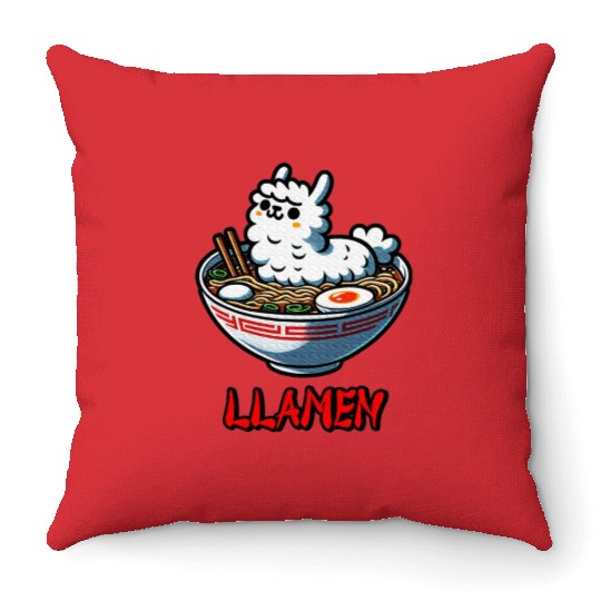 Llamen Noodles Chinese Food Alpaca Llama Lover Throw Pillows