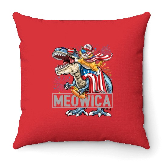Meowica Cat T-Rex Dinosaur 4th of July US Flag Throw Pillows