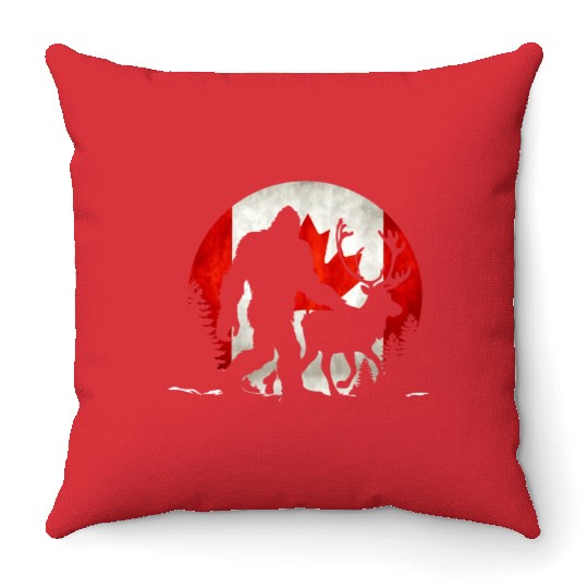 Canadian bigfoot & Reindeer Deer Retro Canada Day Throw Pillows