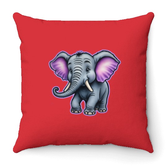 AI Airbrushed Purple & Gray Elephant Cartoon Throw Pillows