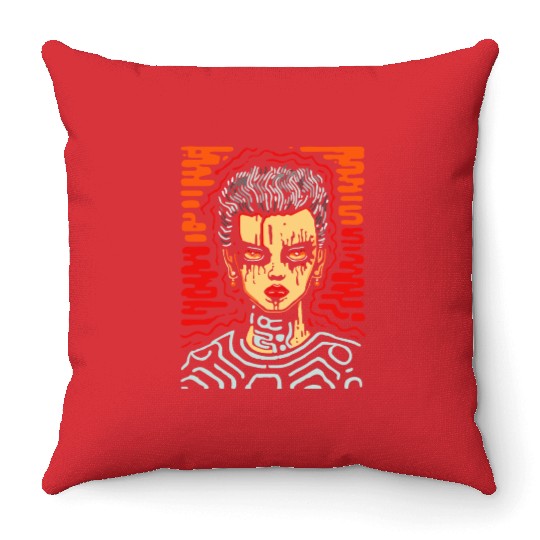 Punk Woman with Glowing Circuit Eyes Throw Pillows